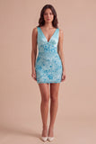 Sparkly Beaded Black Bodycon V-Neck Short Cocktail Dress with Sequins