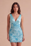 Sparkly Beaded Black Bodycon V-Neck Short Cocktail Dress with Sequins
