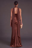 Brown Corset Mermaid Strapless Ruched Long Formal Dress with Neck Scarf