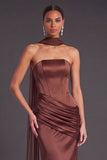 Brown Corset Mermaid Strapless Ruched Long Formal Dress with Neck Scarf