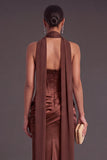 Brown Corset Mermaid Strapless Ruched Long Formal Dress with Neck Scarf