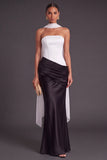 Brown Corset Mermaid Strapless Ruched Long Formal Dress with Neck Scarf