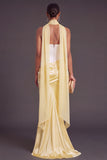 Brown Corset Mermaid Strapless Ruched Long Formal Dress with Neck Scarf