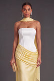 Brown Corset Mermaid Strapless Ruched Long Formal Dress with Neck Scarf