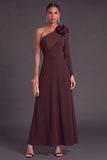 Brown A-Line One Shoulder Long Formal Dress with 3D Flower