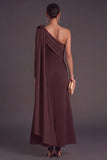 Brown A-Line One Shoulder Long Formal Dress with 3D Flower