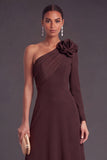 Brown A-Line One Shoulder Long Formal Dress with 3D Flower