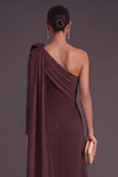 Brown A-Line One Shoulder Long Formal Dress with 3D Flower