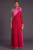 Brown A-Line One Shoulder Long Formal Dress with 3D Flower