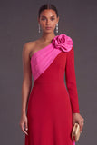 Brown A-Line One Shoulder Long Formal Dress with 3D Flower