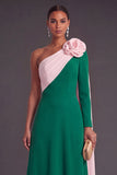 Brown A-Line One Shoulder Long Formal Dress with 3D Flower