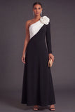 Brown A-Line One Shoulder Long Formal Dress with 3D Flower