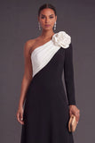 Brown A-Line One Shoulder Long Formal Dress with 3D Flower