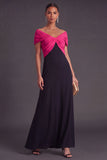 Fuchsia and Black A-Line Off the Shoulder Ruched Long Formal Dress
