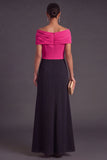 Fuchsia and Black A-Line Off the Shoulder Ruched Long Formal Dress