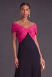 Fuchsia and Black A-Line Off the Shoulder Ruched Long Formal Dress