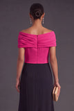 Fuchsia and Black A-Line Off the Shoulder Ruched Long Formal Dress