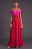 Fuchsia and Black A-Line Off the Shoulder Ruched Long Formal Dress