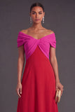 Fuchsia and Black A-Line Off the Shoulder Ruched Long Formal Dress