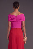Fuchsia and Black A-Line Off the Shoulder Ruched Long Formal Dress