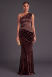 Brown Mermaid One Shoulder Ruched Long Formal Dress