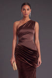 Brown Mermaid One Shoulder Ruched Long Formal Dress