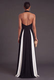 Black and White A-Line Halter Keyhole Long Formal Dress