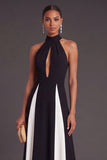Black and White A-Line Halter Keyhole Long Formal Dress