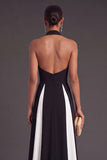 Black and White A-Line Halter Keyhole Long Formal Dress