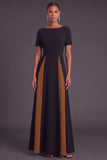 Black and White A-Line Boat Neck Long Formal Dress with Sleeves