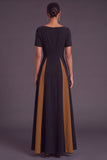 Black and White A-Line Boat Neck Long Formal Dress with Sleeves