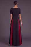 Black and White A-Line Boat Neck Long Formal Dress with Sleeves