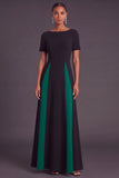 Black and White A-Line Boat Neck Long Formal Dress with Sleeves