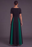 Black and White A-Line Boat Neck Long Formal Dress with Sleeves
