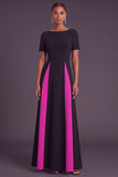Black and White A-Line Boat Neck Long Formal Dress with Sleeves