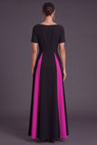 Black and White A-Line Boat Neck Long Formal Dress with Sleeves