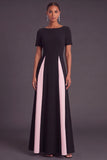Black and White A-Line Boat Neck Long Formal Dress with Sleeves