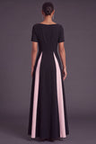 Black and White A-Line Boat Neck Long Formal Dress with Sleeves
