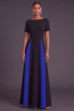 Black and White A-Line Boat Neck Long Formal Dress with Sleeves
