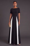 Black and White A-Line Boat Neck Long Formal Dress with Sleeves