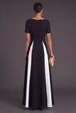 Black and White A-Line Boat Neck Long Formal Dress with Sleeves