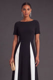 Black and White A-Line Boat Neck Long Formal Dress with Sleeves