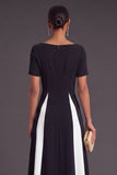 Black and White A-Line Boat Neck Long Formal Dress with Sleeves