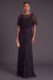 Sparkly Sequins Black Beaded Mermaid Boat Neck Floral Long Formal Dress with Sleeves