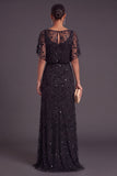 Sparkly Sequins Black Beaded Mermaid Boat Neck Floral Long Formal Dress with Sleeves