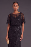 Sparkly Sequins Black Beaded Mermaid Boat Neck Floral Long Formal Dress with Sleeves