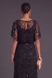Sparkly Sequins Black Beaded Mermaid Boat Neck Floral Long Formal Dress with Sleeves
