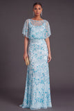 Sparkly Sequins Black Beaded Mermaid Boat Neck Floral Long Formal Dress with Sleeves