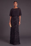 Black Sparkly Sequins Beaded Floral Boat Neck Long Formal Dress with Cape
