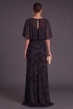Black Sparkly Sequins Beaded Floral Boat Neck Long Formal Dress with Cape